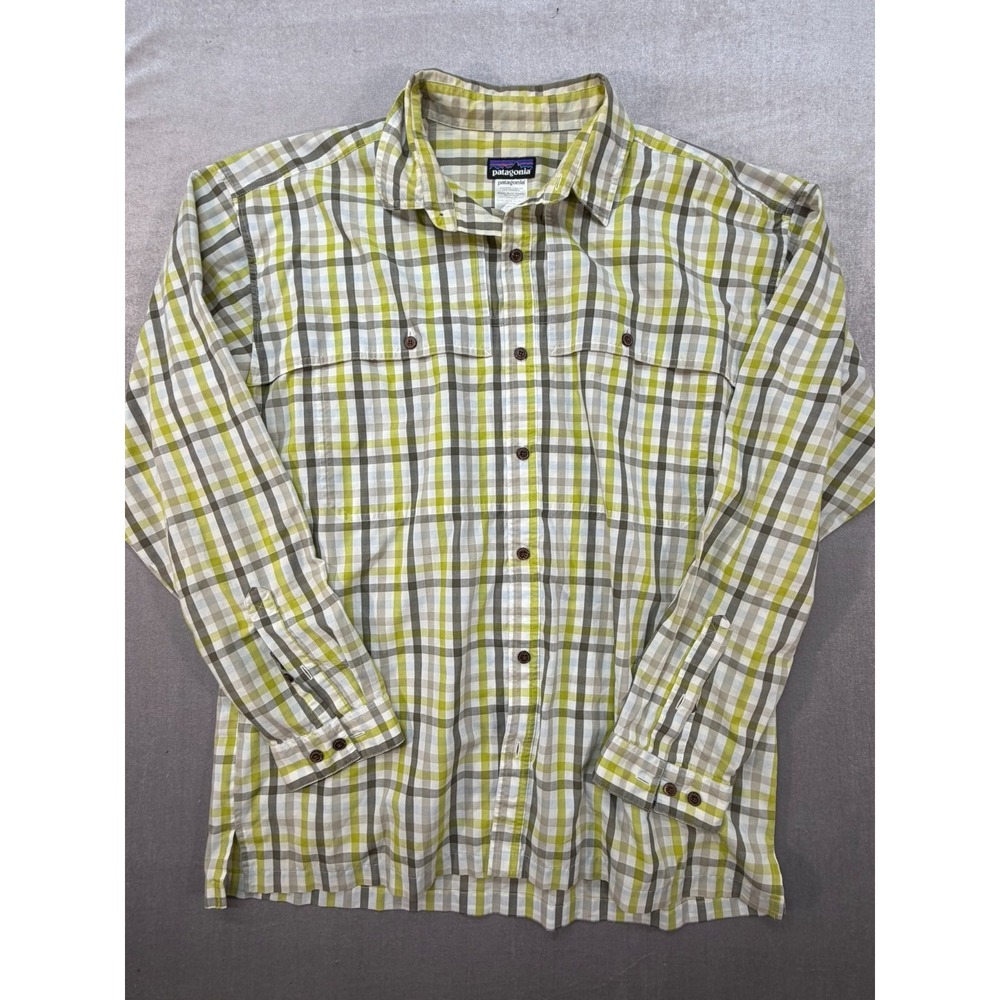 Patagonia Plaid Long Sleeve Men Shirt Yellow Brown White Size XXL Polyester Blen